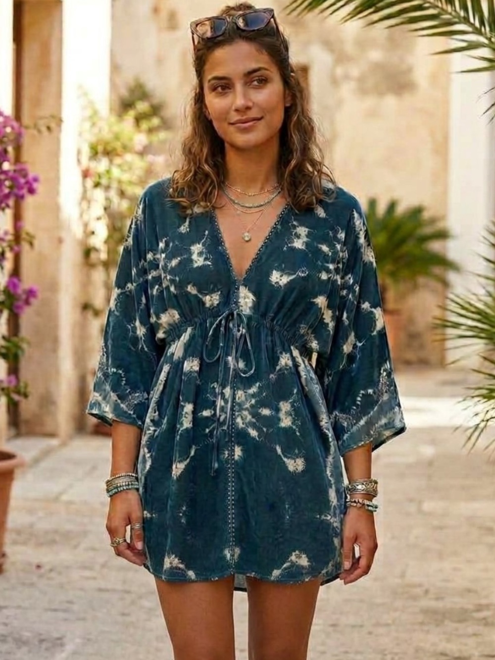 Zara Tie-Dye Short Dress Tunic V-Neck 3/4 Flared Sleeves Boho-Chic Beach Large